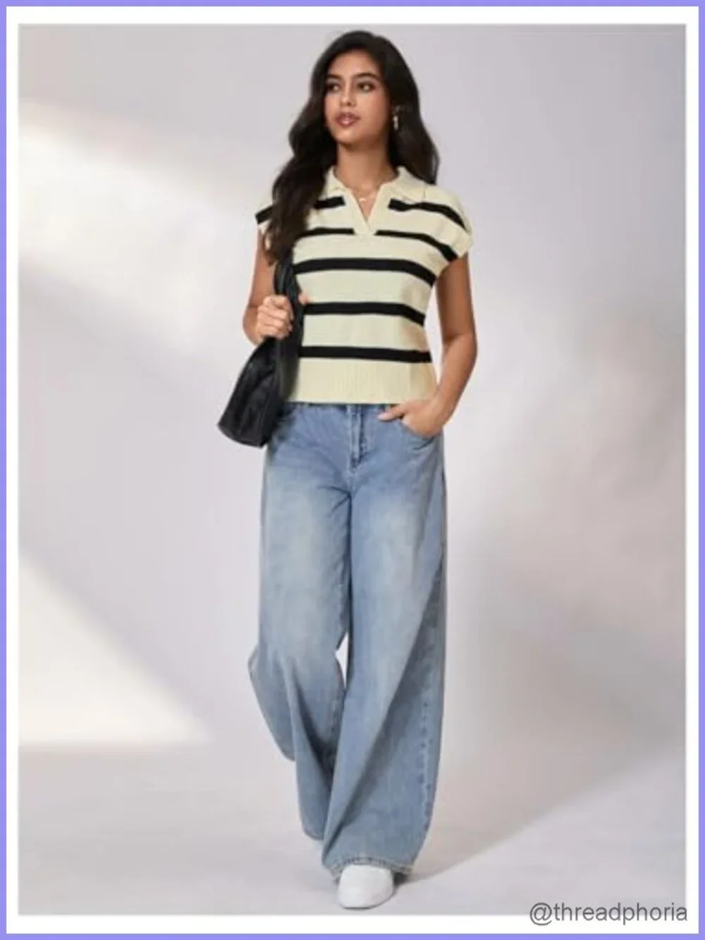 Striped Sweater Vest with Cap Sleeve Collared Neck Ribbed Knit
